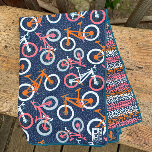 Mountain Bike Tea Towel - Navy Blue, Pink, & Burnt Orange