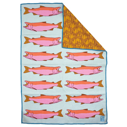 Large Salmon Tea Towel - Blue & Pink